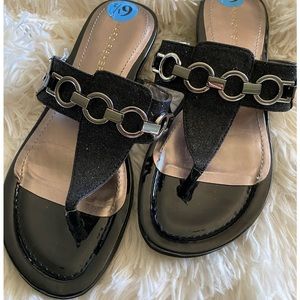 Marc Fisher Sandals Black Sparkle with Silver Chain NWT